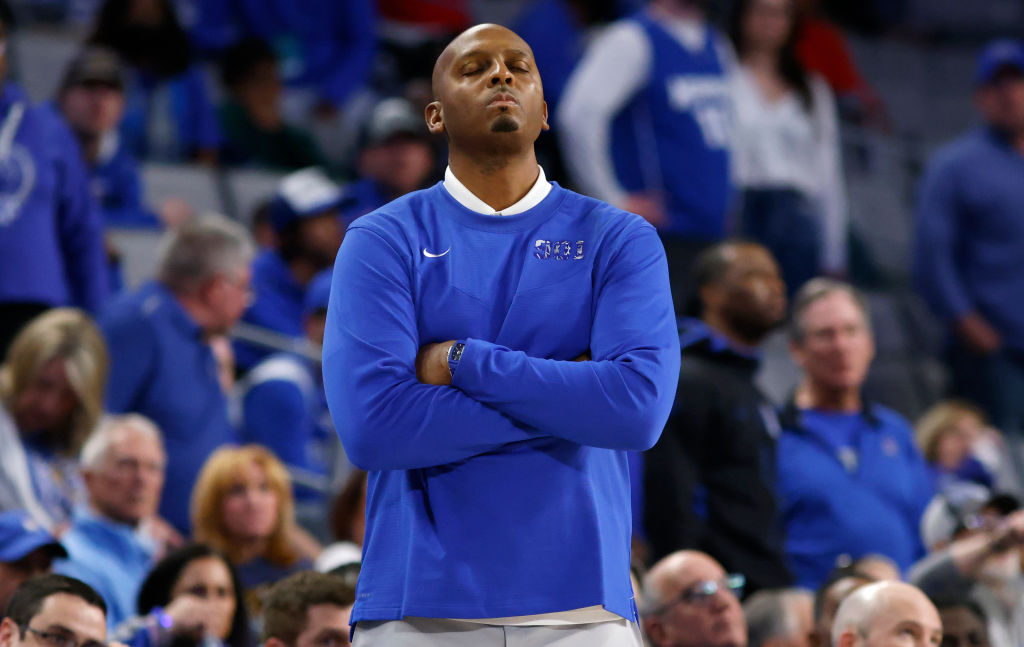 FORT WORTH, TX - MARCH 13: Head coach Penny Hardaway of the Memphis Tigers looks on Memphis plays the Houston Cougars in the first half of the American Athletic Conference Mens Basketball Tournament Championship at Dickies Arena on March 13, 2022 in Fort Worth, Texas. Houston defeated Memphis 71-53.