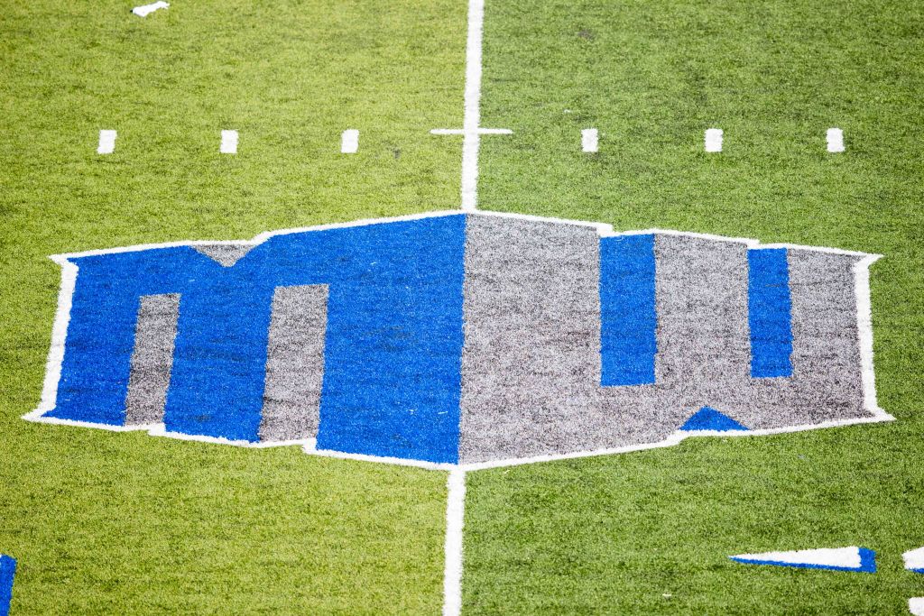 COLORADO SPRINGS, CO - OCTOBER 03: Mountain West Conference (MWC) logo on the field during a regular season college football game between the Navy Midshipmen and the Air Force Falcons on October 3, 2020, at Falcon Stadium in Colorado Springs, CO