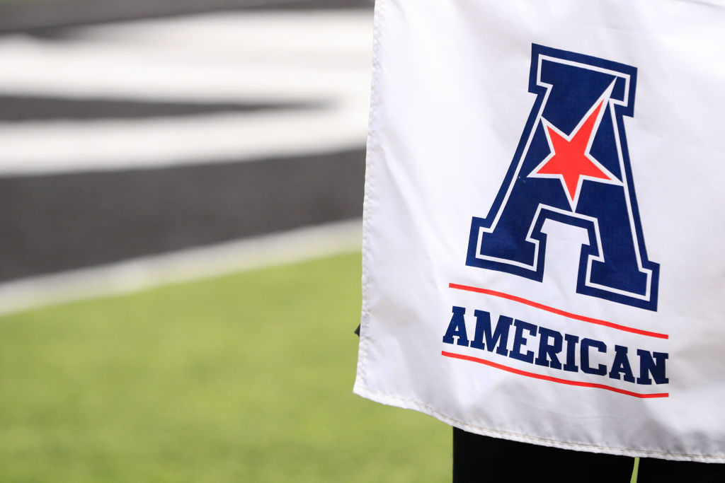 CINCINNATI, OH - SEPTEMBER 04: An American Athletic Conference logo during the game against the Miami Redhawks and the Cincinnati Bearcats on September 4, 2021, at Nippert Stadium in Cincinnati, OH.