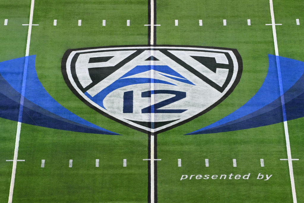 LAS VEGAS, NV - DECEMBER 02: A view of the Pac-12 logo on the field before the Pac-12 Conference championship game between the Utah Utes and the USC Trojans at Allegiant Stadium on December 2, 2022 in Las Vegas, Nevada.