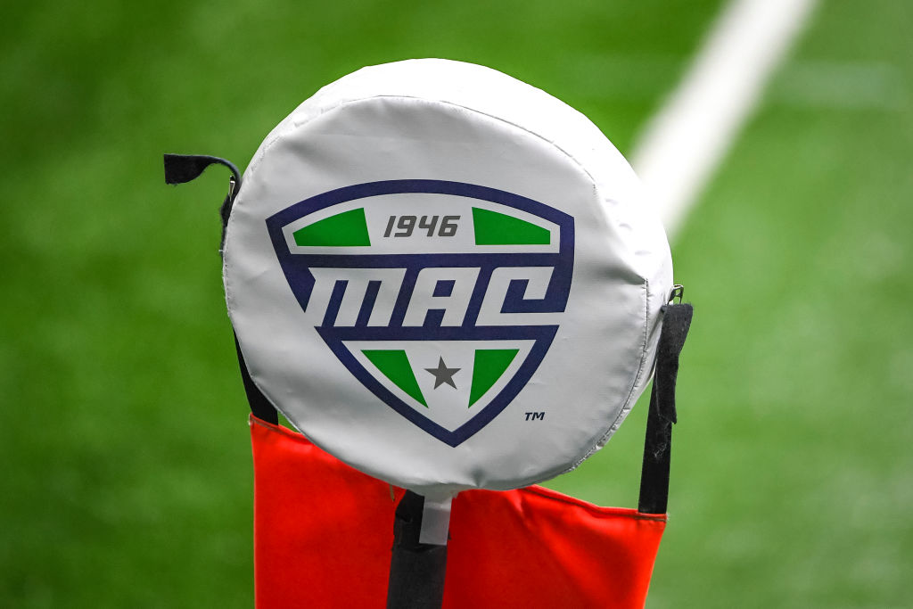 DETROIT, MICHIGAN - DECEMBER 18: The MAC logo is pictured during the first half of the Rocket Mortgage MAC Football Championship between the Buffalo Bulls and Ball State Cardinals at Ford Field on December 18, 2020 in Detroit, Michigan.