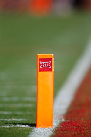 NORMAN, OK - SEPTEMBER 18: The Big 12 logo adorns an end zone pylon during a game between the Oklahoma Sooners and the Nebraska Cornhuskers at Gaylord Family Oklahoma Memorial Stadium on September 18, 2021 in Norman, Oklahoma. Oklahoma won 23-16.