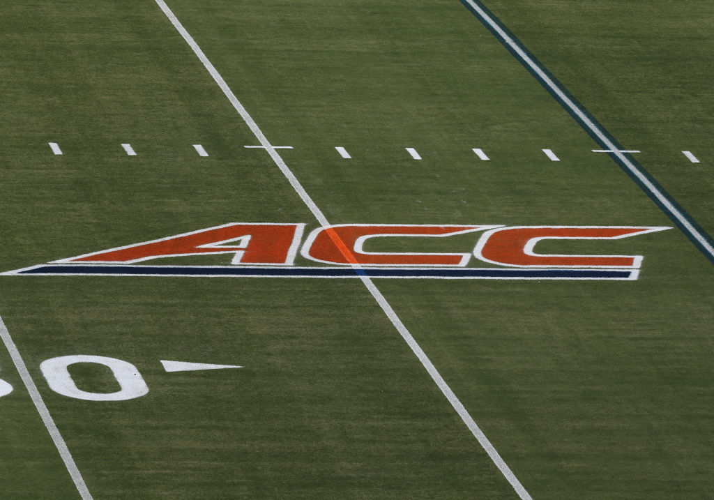 CHARLOTTESVILLE, VA - SEPTEMBER 04: Field with yard markings and ACC logo during a game between the William & Mary Tribe and the Virginia Cavaliers on September 04, 2021, at Scott Stadium in Charlottesville, VA
