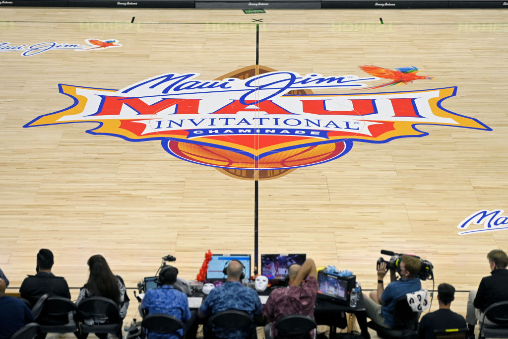 LAS VEGAS, NEVADA - NOVEMBER 24: Center court is seen during the championship game between the Wisconsin Badgers and the St. Mary's Gaels of the 2021 Maui Invitational basketball tournament at Michelob ULTRA Arena on November 24, 2021 in Las Vegas, Nevada.