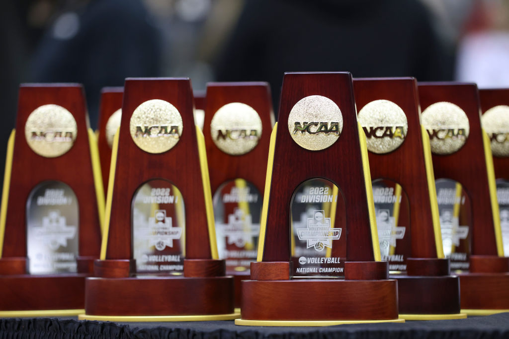 OMAHA, NE - DECEMBER 17: Trophies are seen after the game between the Texas Longhorns and the Louisville Cardinals during the Division I Women’s Championship held at CHI Health Center Omaha on December 17, 2022 in Omaha, Nebraska.