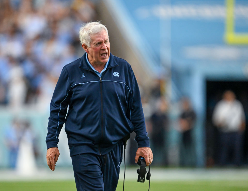 CHAPEL HILL, NORTH CAROLINA - SEPTEMBER 09: Head coach Mack Brown of the North Carolina Tar Heels looks on during the game against the Appalachian State Mountaineers at Kenan Memorial Stadium on September 09, 2023 in Chapel Hill, North Carolina. The Tar Heels won 40-34 in double overtime.