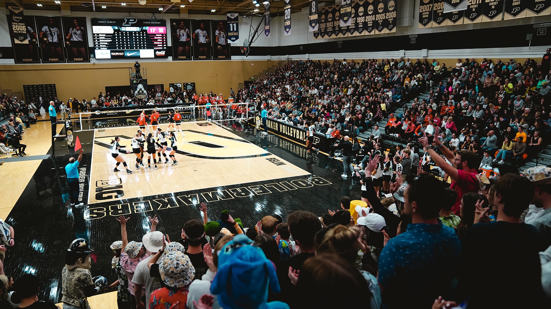 Purdue Women's Volleyball playing a home game at Holloway Gymnasium in West Lafayette, Indiana.